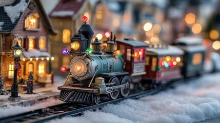 a vintage toy train adorned with colorful christmas lights chugs through a snowy village at night