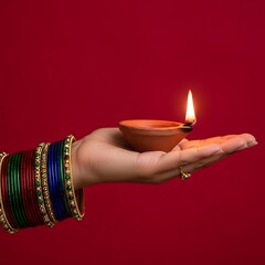 Woman s hand holding a lit diya oil lamp with colorful bangles
