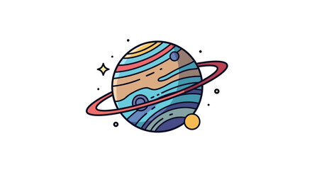 Colorful Cartoon Planet with Ring and Stars Illustration.