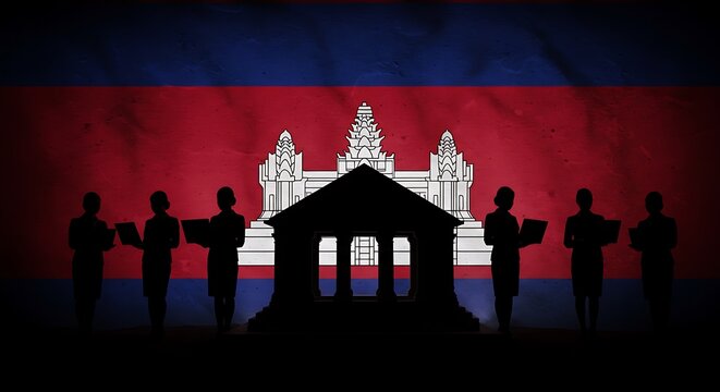 Cambodian business professionals collaborate with laptops before iconic Angkor Wat silhouette and national flag backdrop