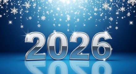 Shiny silver 2026 numbers with falling snowflakes and bokeh lights