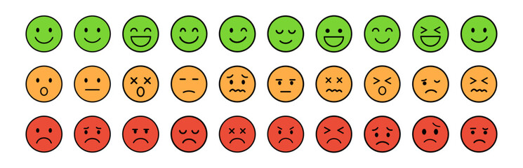 Color feedback rating smiley face icons showing satisfaction levels on transparent background
