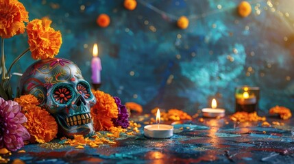 Vibrant sugar skull adorned with intricate floral patterns, surrounded by marigolds and flickering candles, creating a mystical Day of the Dead celebration atmosphere.