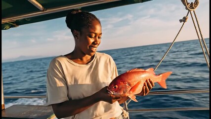 Woman holds a freshly caught red snapper fish on a boat with the ocean in the background