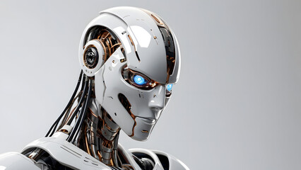 Futuristic Sleek Robot with Metallic Surfaces and Neon Lights on White Background