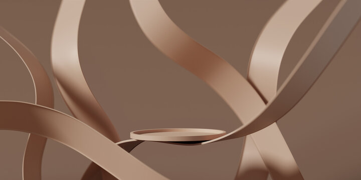 3D display beige podium, brown background pedestal. Beauty, cosmetic product presentation stand. Luxury feminine mockup 3d render advertisement