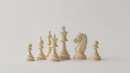 Collection of chess pieces arranged in a line, featuring various pieces like pawns, knights, bishops, rooks, and king, on a plain light background.