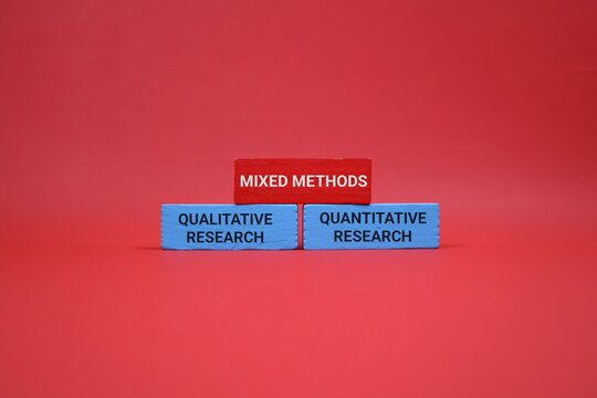 Three wooden blocks on an red background illustrate mixed methods research, with a red top block labeled MIXED METHODS and two blue blocks reading QUALITATIVE RESEARCH and QUANTITATIVE RESEARCH.