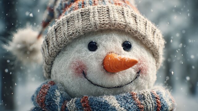 closeup of smiling snowman with carrot nose and knitted hat during snowfall in forest representing holiday spirit winter fun seasonal joy