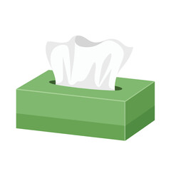 Green tissue box with soft white paper handkerchiefs for hygiene, cold, flu, allergy relief, or general cleanliness, isolated flat vector illustration on white