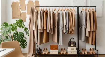 Fashion Designer Studio Featuring Clothing Rack with Neutral Toned Garments Dress Forms and Sewing Patterns in Bright Airy Workspace Ideal for Creative Design Projects