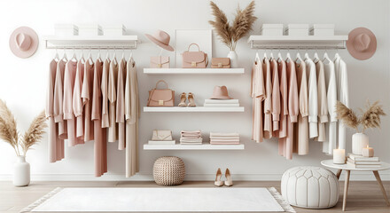 Elegant Clothing Rack Featuring Pastel Colored Dresses Bags and Accessories in Minimalist Interior Design Style Creating Clean and Bright Atmosphere for Fashion Display