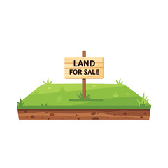 Land for sale wooden sign on a plot of green grass and soil layers, indicating real estate property available for purchase, investment, or development, isolated on white background.