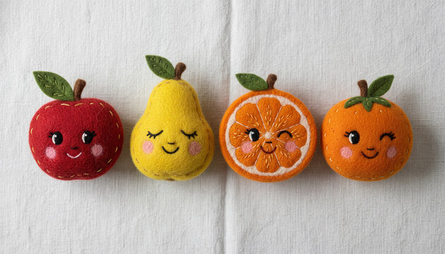 Colorful felt fruit plush toys arranged on white background  