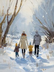 rear view of family with two small children in winter nature walking in the snow no logos no brands ar 34