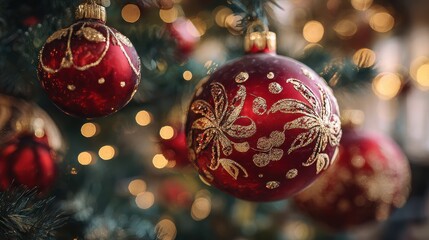 red christmas baubles with golden floral patterns on bokeh background elegant festive christmas decoration with red baubles on tree  christmas banner with copy space