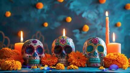 Vibrant Day of the Dead altar with colorful sugar skulls, marigolds, and glowing candles creating a festive and spiritual atmosphere for remembrance