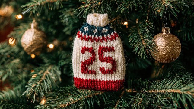 knitted christmas advent calendar with number 25 hanging on decorated christmas tree festive handmade ornament holiday tradition cozy seasonal decoration stock photo