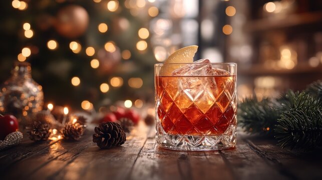 Festive cocktail glass on wooden table