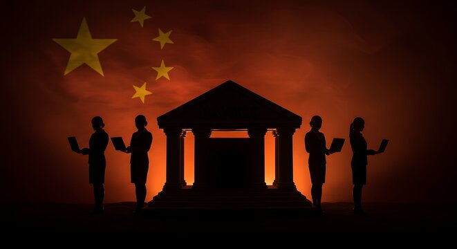 Silhouetted businesswomen with laptops stand before a grand bank building under the glow of the Chinese flag, symbolizing global finance.