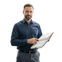 Professional truck driver in company uniform reviews logbook for transportation activities