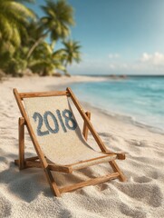 Fototapeta premium deck chair with 2018 written in sand write on tropical beach no logos no brands ar 34