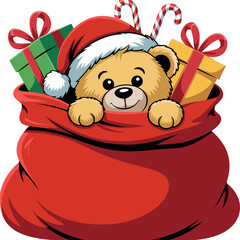 Teddy bear in Santa hat peeking from red gift bag with presents