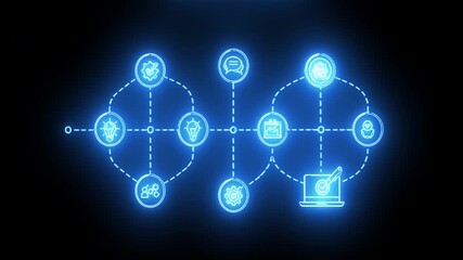 Blue neon global communication workflow diagram showing network connections and digital profile nodes - Powered by Adobe