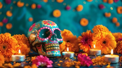 Vibrant, ornate sugar skull surrounded by glowing candles and marigolds creates a stunning Day of the Dead altar scene