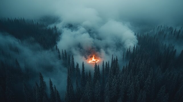 Fiery center of a misty mountain forest