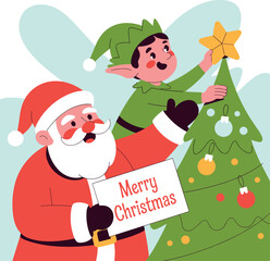Fototapeta premium Santa Claus and Elf Decorating Christmas Tree vector