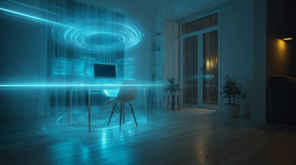 Futuristic smart home scene with holographic AI assistant projection and cool blue light. Modern apartment interior with sleek holographic AI interface projected above desk. Smart home.