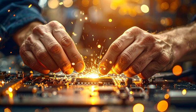 Close-up of skilled hands meticulously working on intricate electronic circuitry, sparks flying as components are connected and repaired. - Powered by Adobe