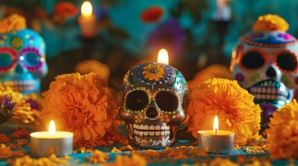 Vibrant Dia de los Muertos altar glows with marigolds, decorated sugar skulls, and flickering candlelight creating a festive and spiritual atmosphere