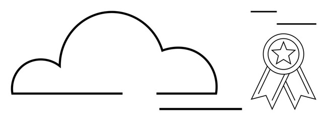 Cloud with horizontal lines next to star-ribbon badge. Ideal for technology, success, innovation, storage, creativity, digital growth, progress. Simple flat metaphor