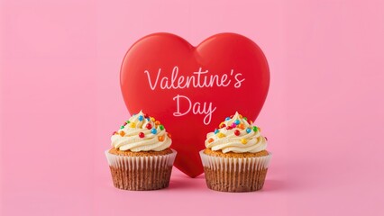 Valentine's Day with cupcakes and a large heart on pink background