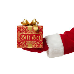 Santa's hand presenting a festive gift set, transparent background, isolated