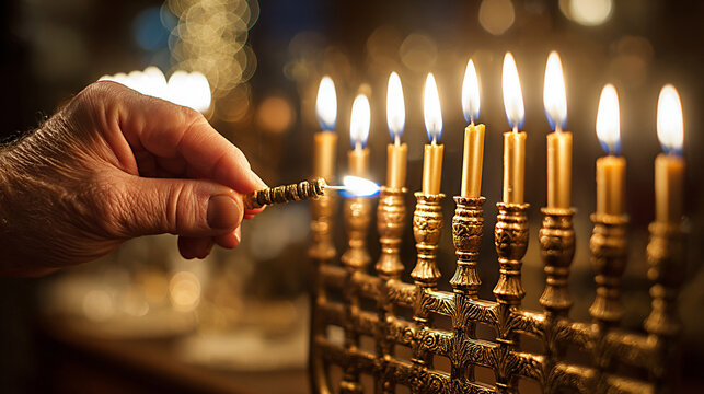 Close up of hand placing candle into menorah, with warm glow of flames illuminating the scene, celebrating the festival of lights during Hanukkah - Powered by Adobe