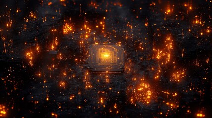 Naklejka premium Fiery, glowing square object amidst a dark, fiery landscape