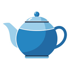 Blue flat design teapot illustration with a sleek round body, light blue lid, small knob, curved spout, and ergonomic handle, perfect for serving hot tea or coffee.