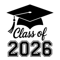 Graduation design with a black cap, tassel, and large class of 2026 text in bold lettering