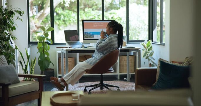 Coffee, computer and freelancer with black woman in home office for web designer, relax and break. Drinking tea, remote worker and resting with female person in house for calm, peace and chill