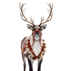 A majestic reindeer wearing a festive harness with bells, transparent background