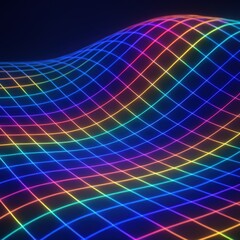 Wavy grid of rainbow colors and lines against a dark backdrop for cool design.