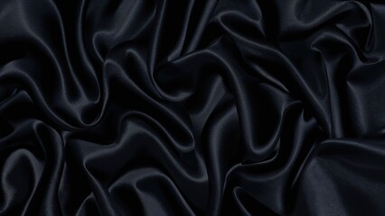 Fototapeta premium Black satin fabric with smooth, shiny, and flowing texture. Luxurious textile material. Elegant and sleek draped material.