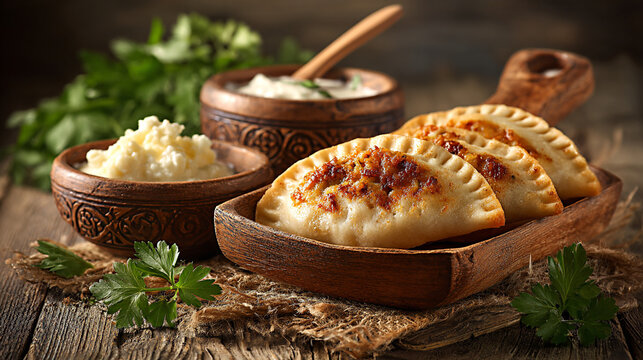 Varenyky with mashed potato filling served on rustic wooden table alongside sour cream and fresh herbs, creating a warm and inviting culinary experience