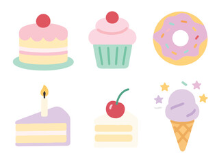 Birthday cake and dessert icons vector set