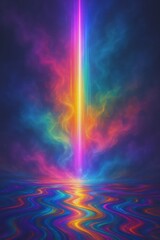 A vibrant pillar of rainbow light descends into wavy, iridescent waters.