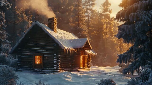 Cozy log cabin surrounded by snow-covered trees at sunset in a winter wonderland setting