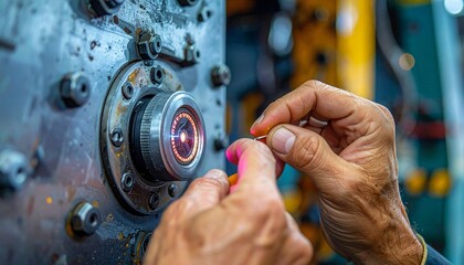 Close-up of skilled hands meticulously working on a complex industrial machine, adjusting a precision component with focused attention.